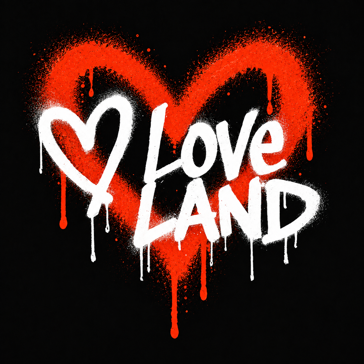 Love Land painted in white over a red dripping heart